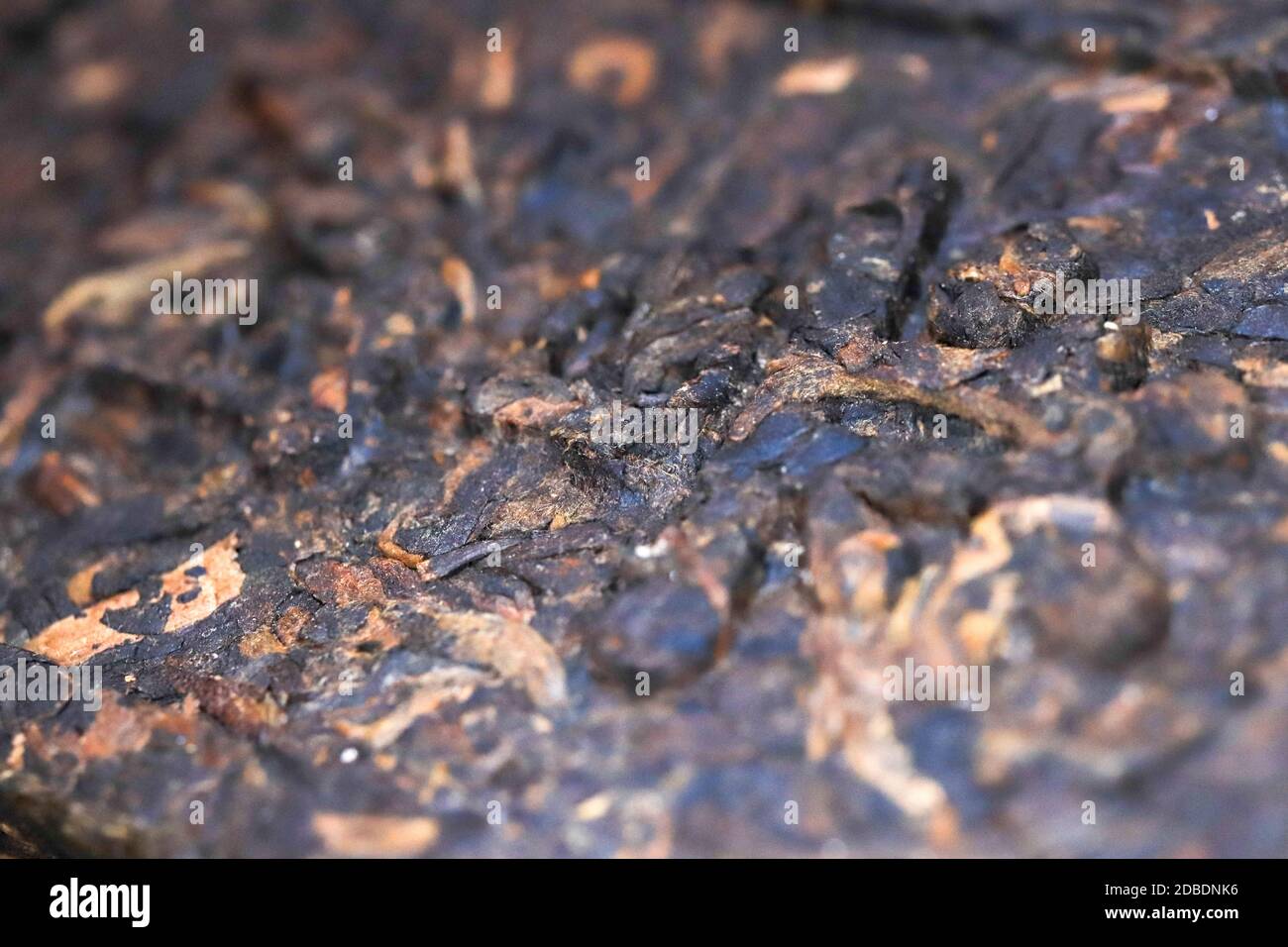 Pressed tea brick with Chinese hieroglyph. Press tea texture. Stock Photo