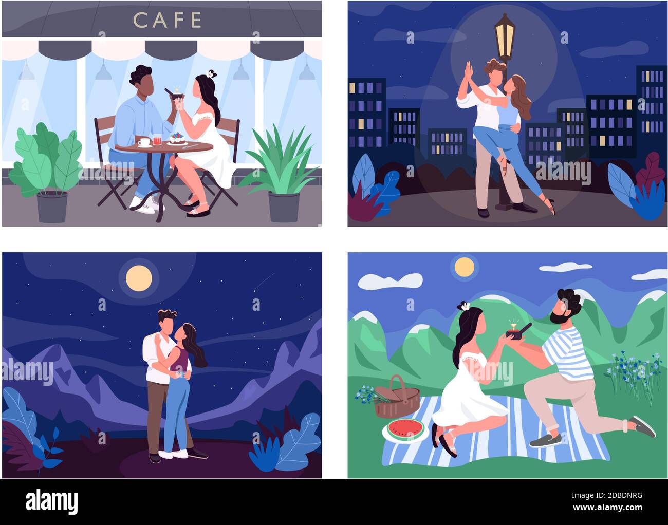 Romantic activity flat color vector illustration set Stock Vector