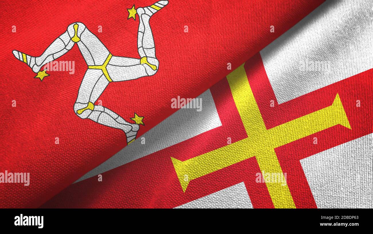 Isle of Mann and Guernsey two flags textile cloth, fabric texture Stock Photo