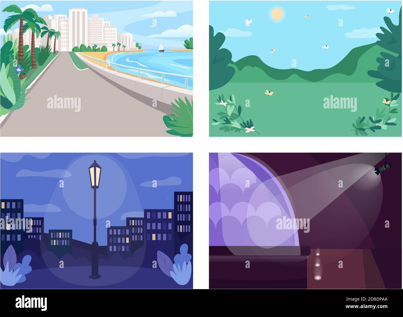 Vacation place flat color vector illustration set Stock Vector