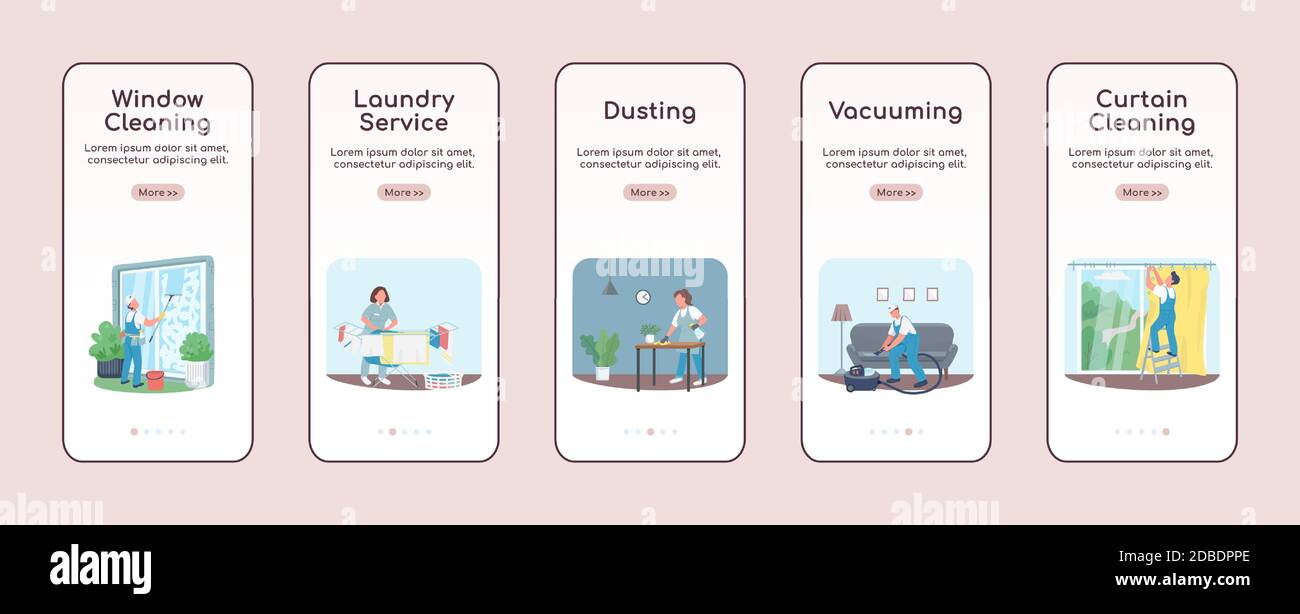 Janitorial services onboarding mobile app screen flat vector template Stock Vector