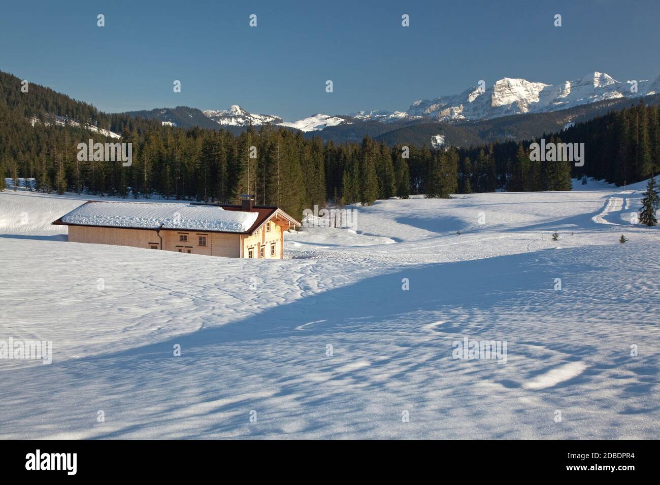 geography / travel, Germany, Bavaria, REIT in the Winkl, hut to Winklmoosalm with view to Loferer Stei, Additional-Rights-Clearance-Info-Not-Available Stock Photo