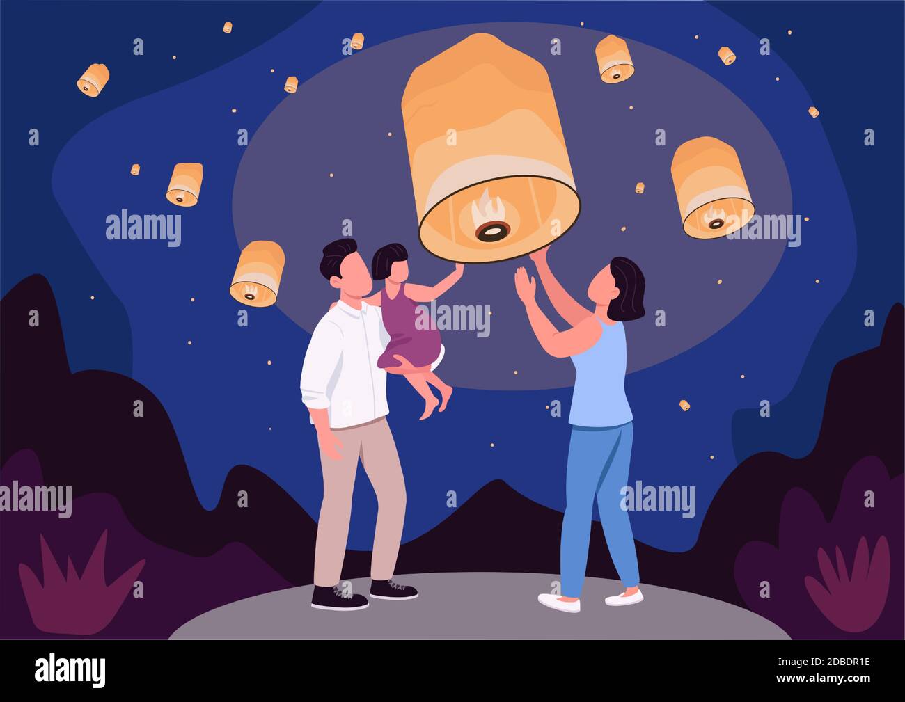 Sky lantern festival flat color vector illustration Stock Vector Image