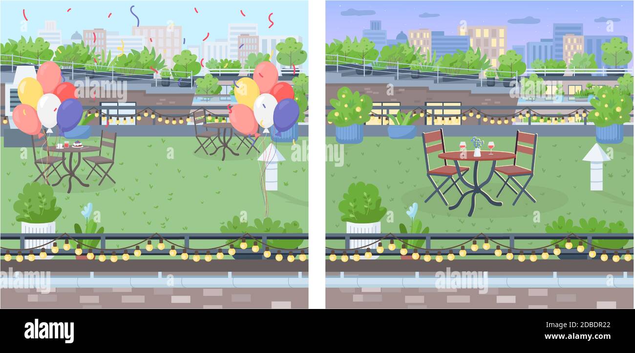Rooftop for party flat color vector illustration set Stock Vector