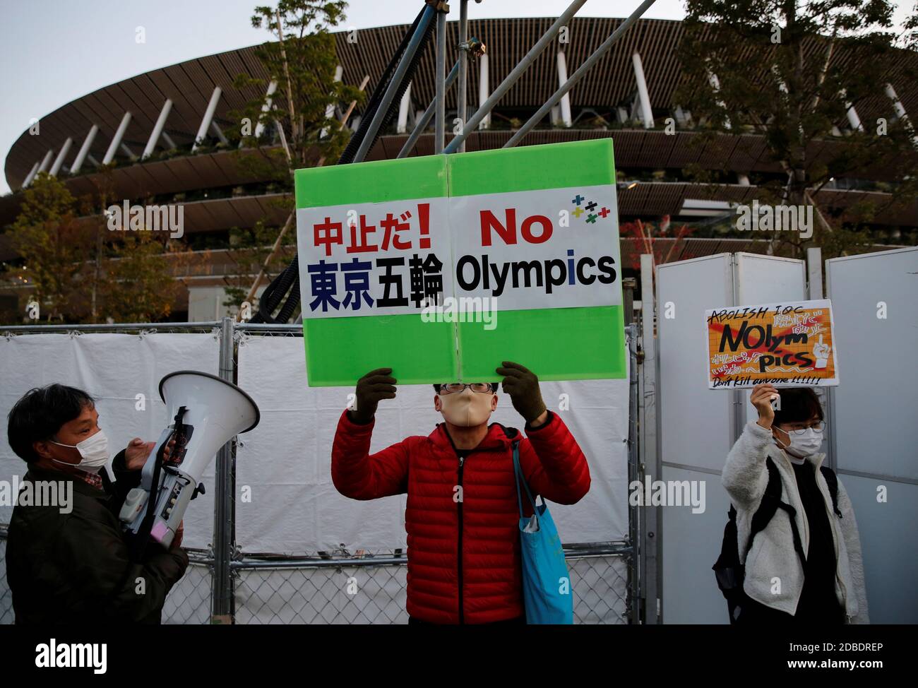 Protesters Demanding Cancelling Of Tokyo Olympic Games Hold A Rally In Front Of The National Stadium The Main Stadium Of Tokyo Olympics And Paralympics While Thomas Bach President Of The