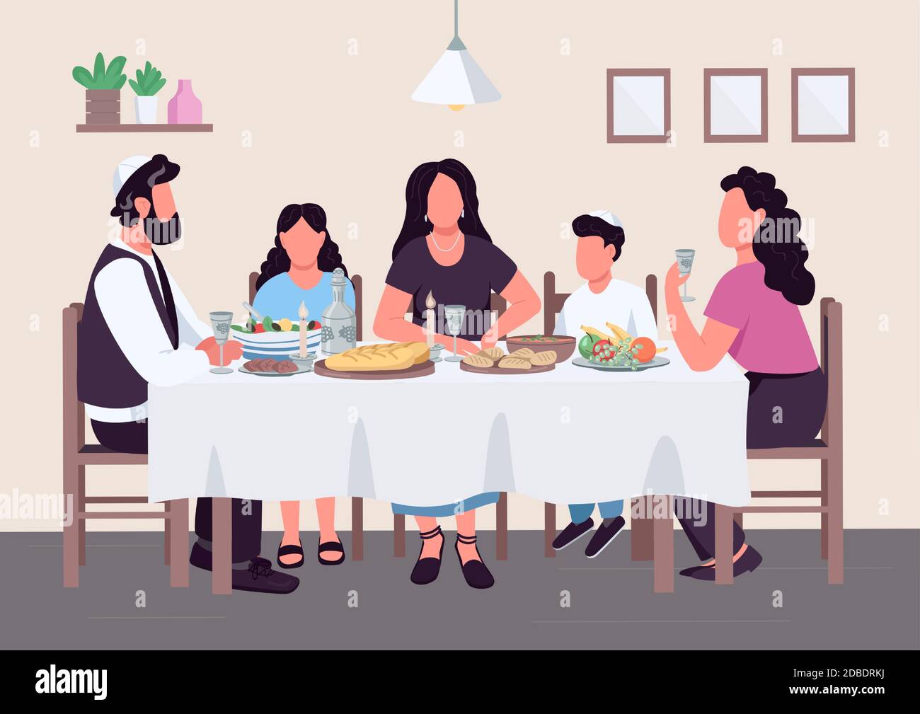 Jewish family meal flat color vector illustration Stock Vector