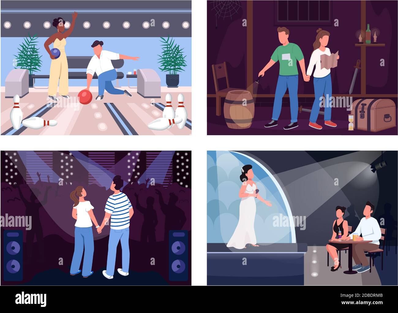 Fun evening dates flat color vector illustration set Stock Vector