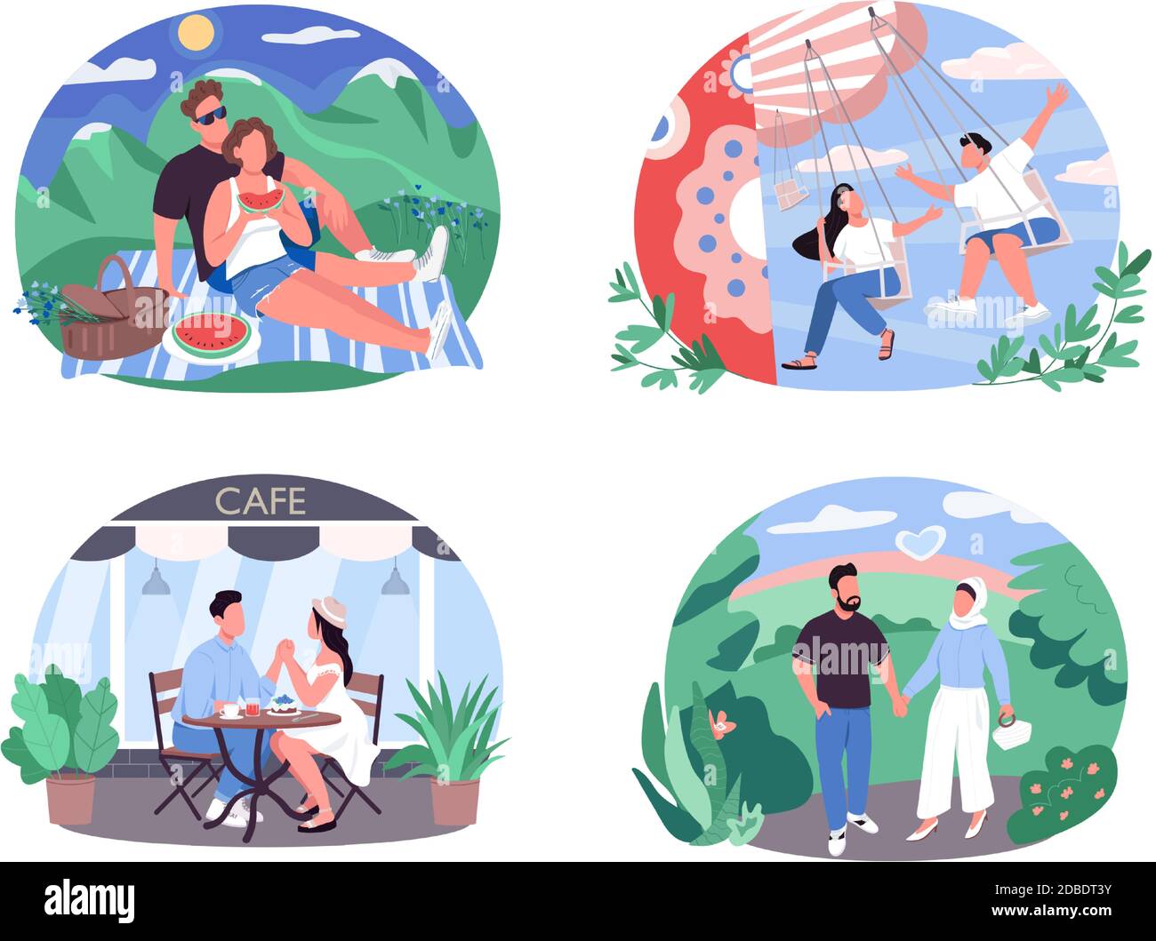 Daytime activity for couples 2D vector web banner, poster set Stock Vector