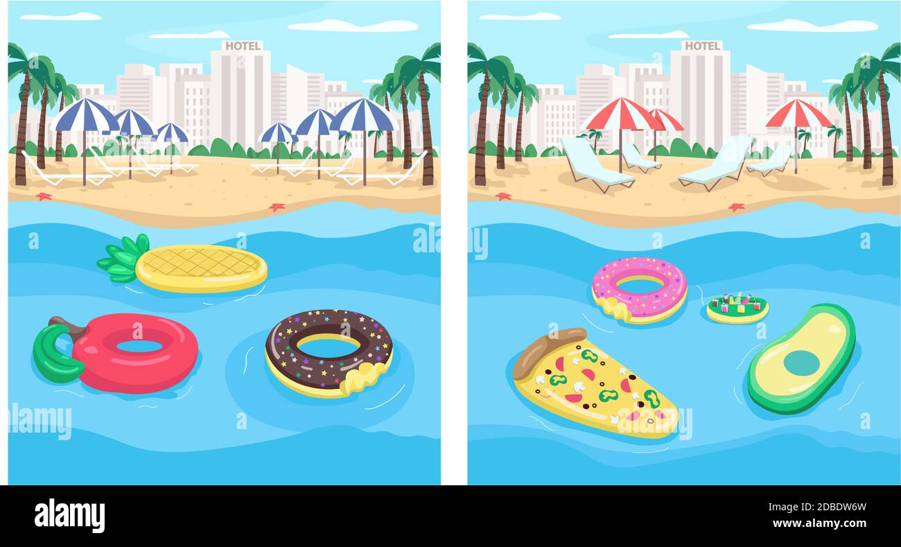 Seaside resort and inflatables flat color vector illustration set Stock Vector