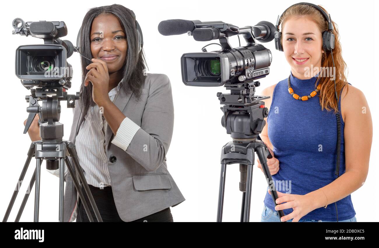 two young women with a professional video camera and headphone Stock