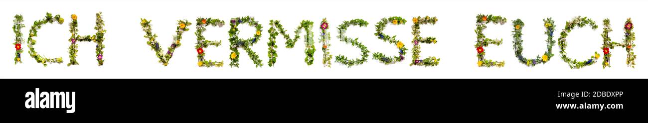 Flower, Branches And Blossom Letter Building German Word Ich Vermisse Euch Means I Miss You. White Isolated Background Stock Photo