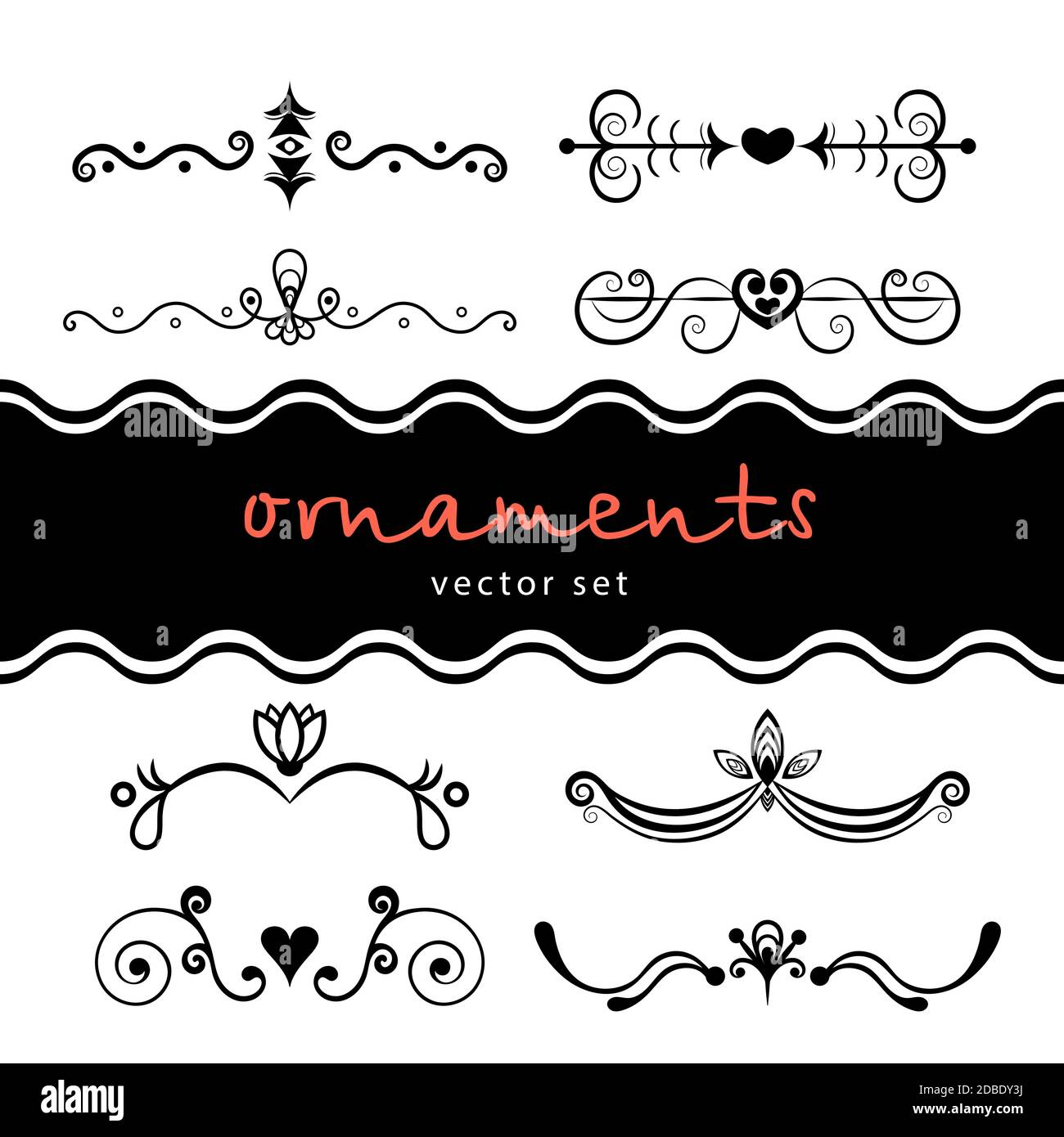 Set abstract floral ornament, delimiter, frame, border, pattern, black ...