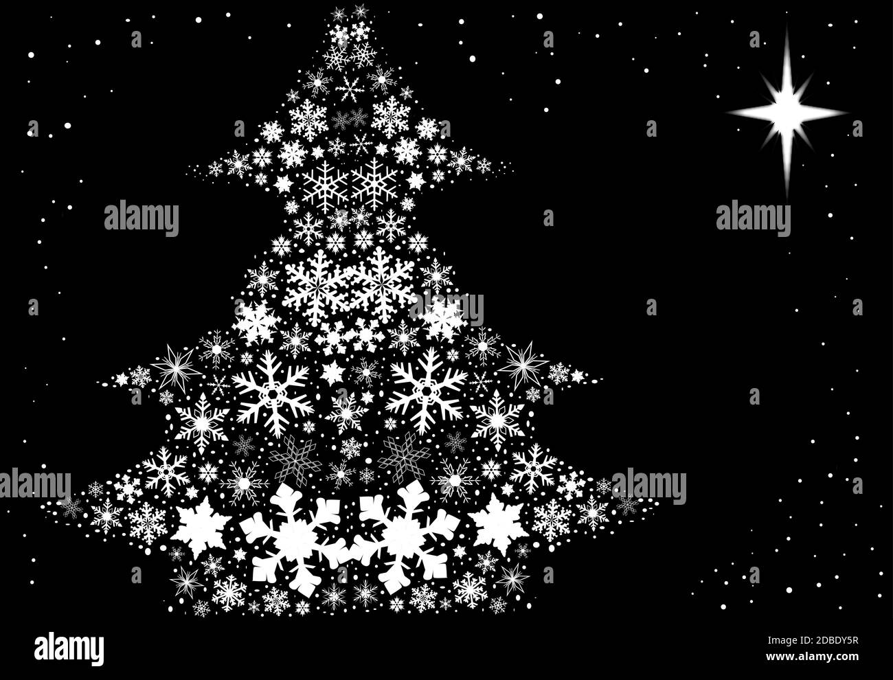 A black background with snowflakes in the form of a Christmas Tree ...