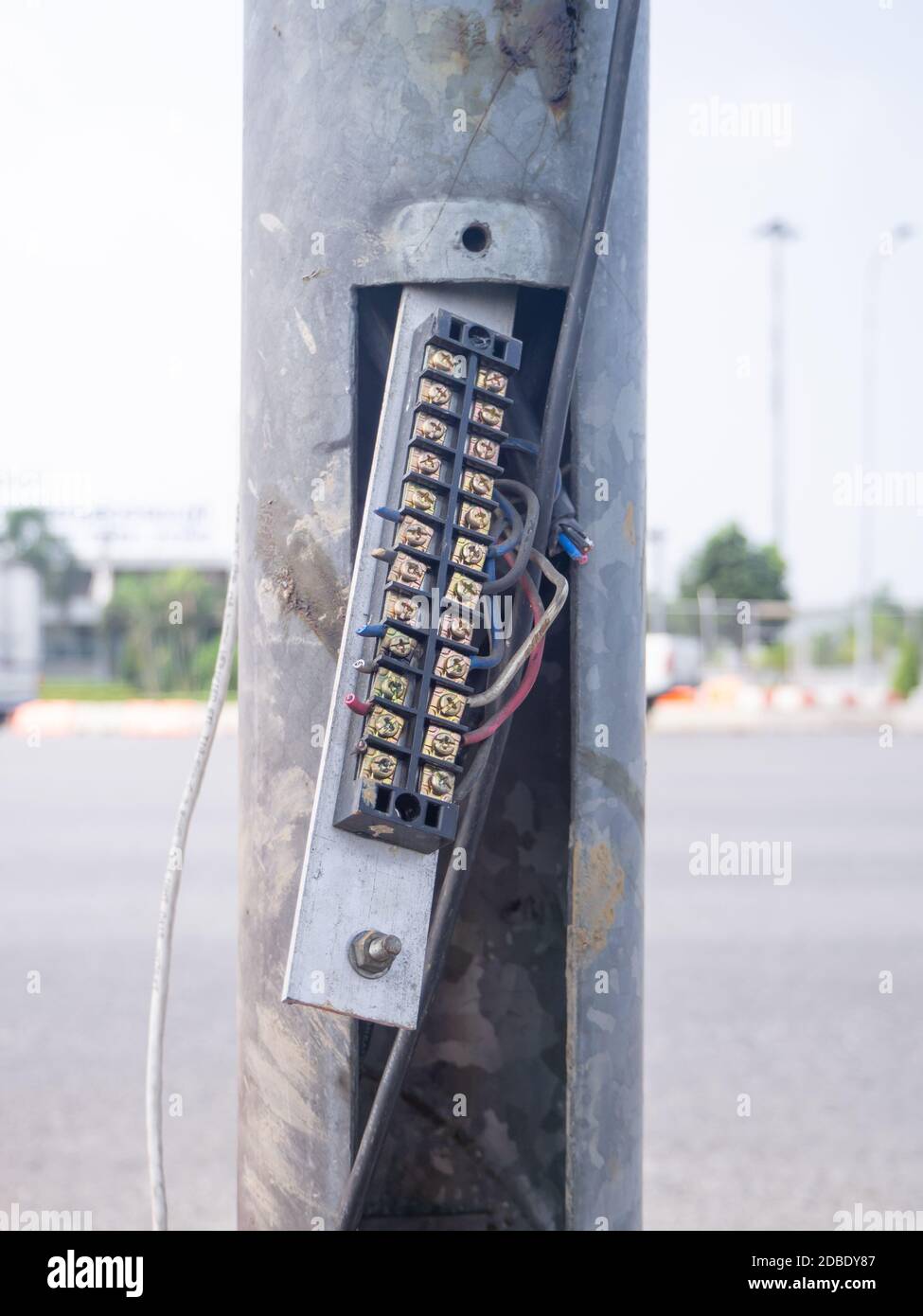 Electric copper bus with connection. Cables connected to an electric