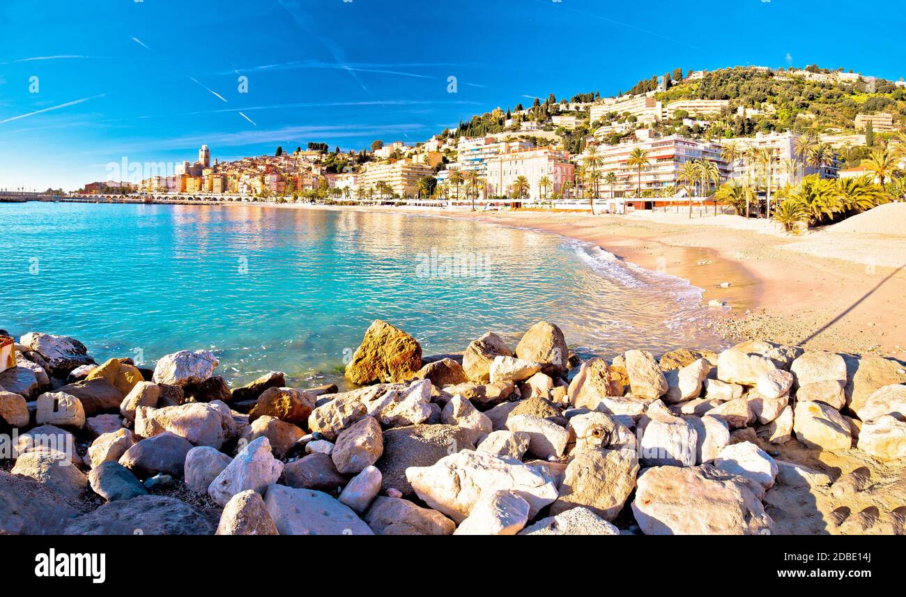 Colorful Cote d Azur town of Menton beach and architecture panoramic