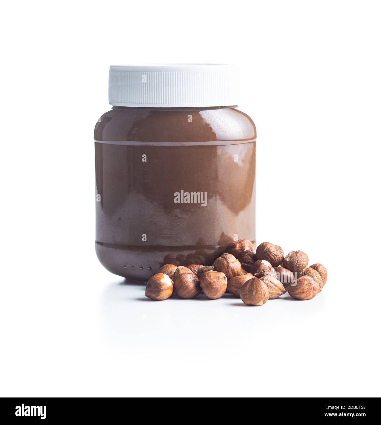 Hazelnut spread. Nut chocolate cream isolated on white background. Stock Photo