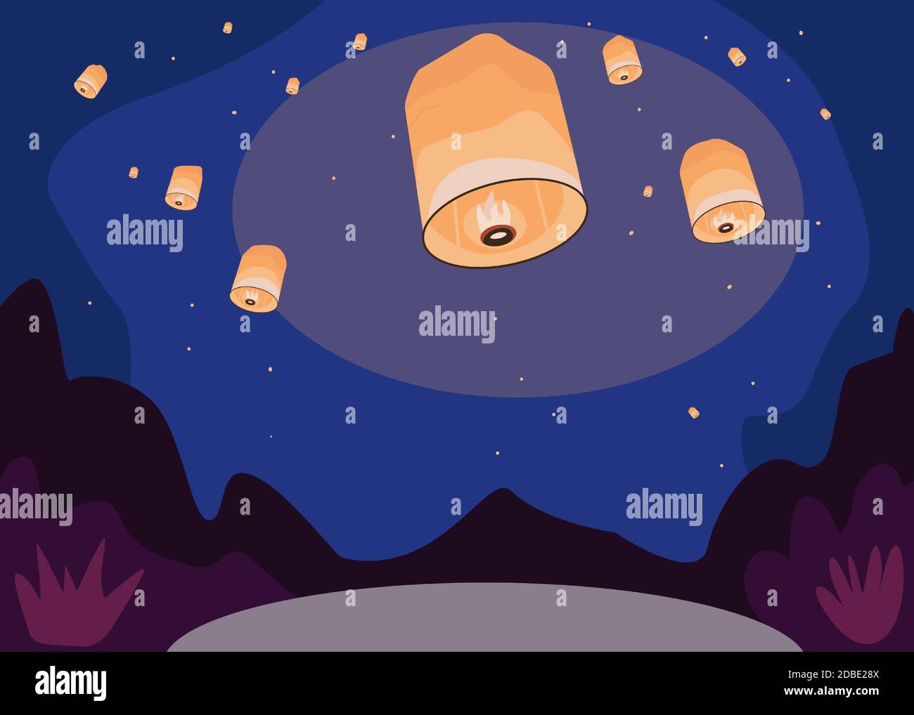 Sky lanterns flat color vector illustration Stock Vector