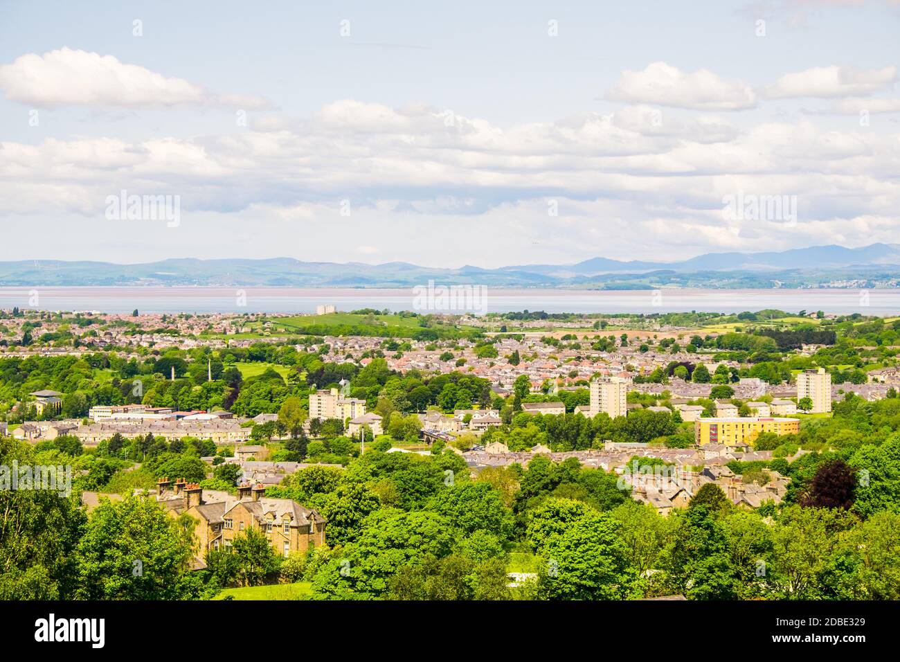 The cityscape of Lancaster, with Morecambe Bay viewed from the Ashton