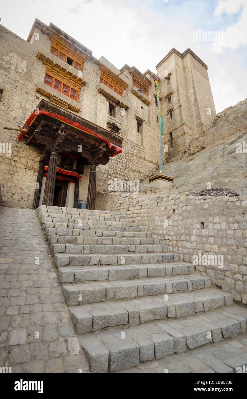 Entrance and facade of Leh Royal Palace, a medieval fortress overlooking the Himalayas in Leh, Ladakh Union Territory, India Stock Photo