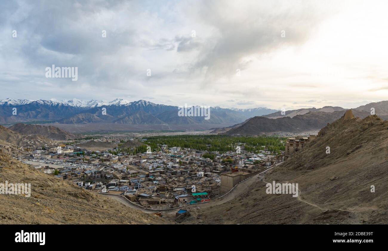 Panorama of Leh city from Tsemo Maitreya Temple, with Himalayas mountain range and green valley, Ladakh Union Territory, India Stock Photo