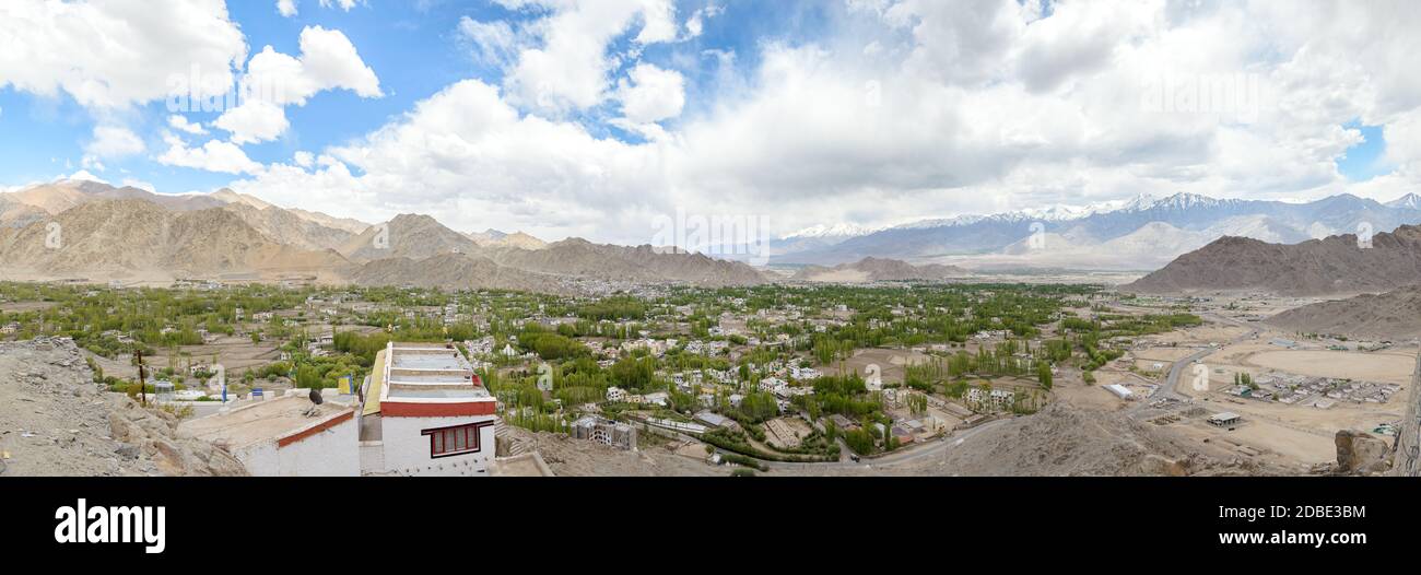 Panorama of Leh city from Shanti Hill Stupa, with Himalayas mountain range and green valley, Ladakh Union Territory, India Stock Photo