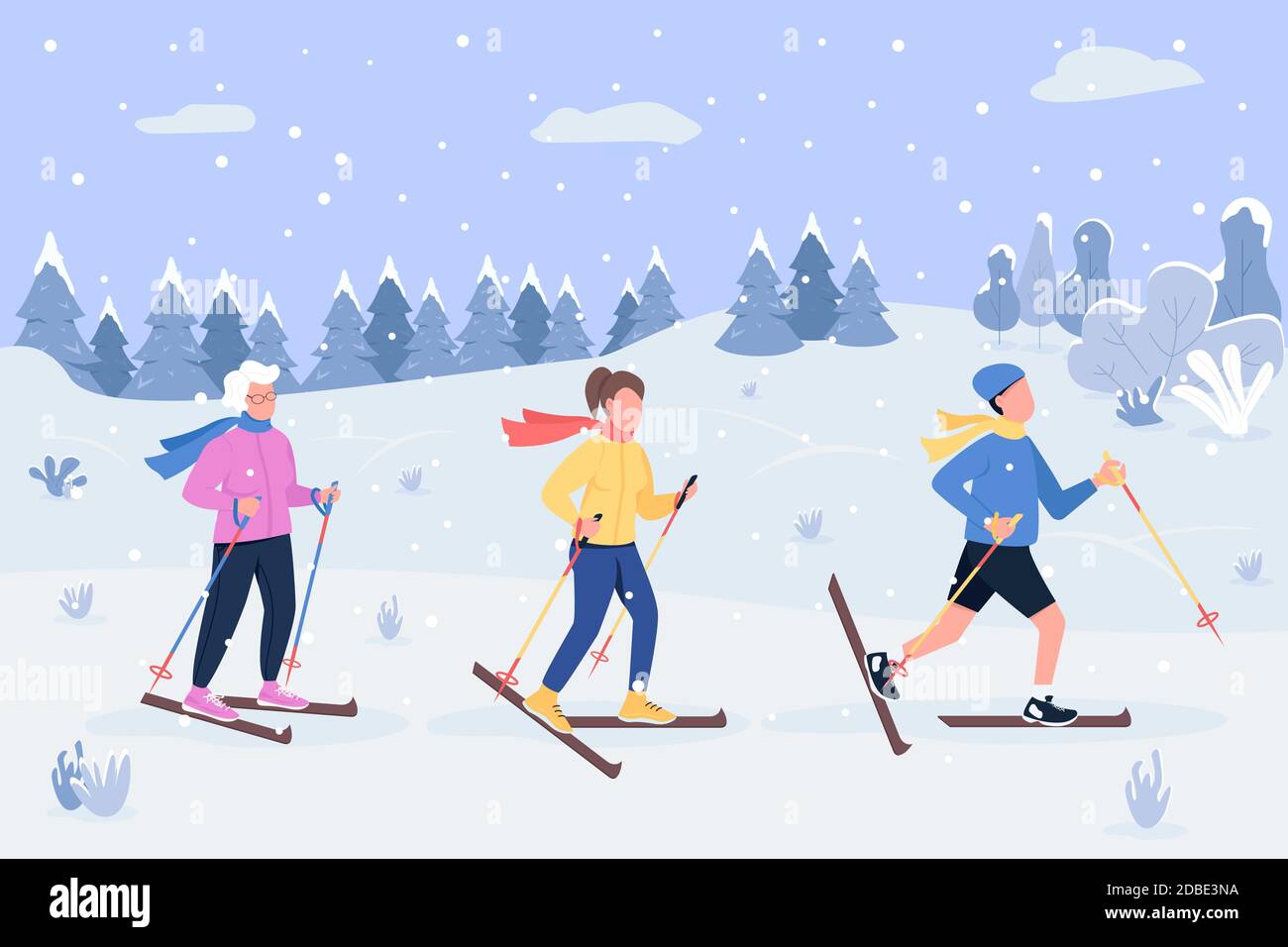 Winter skiing semi flat vector illustration Stock Vector