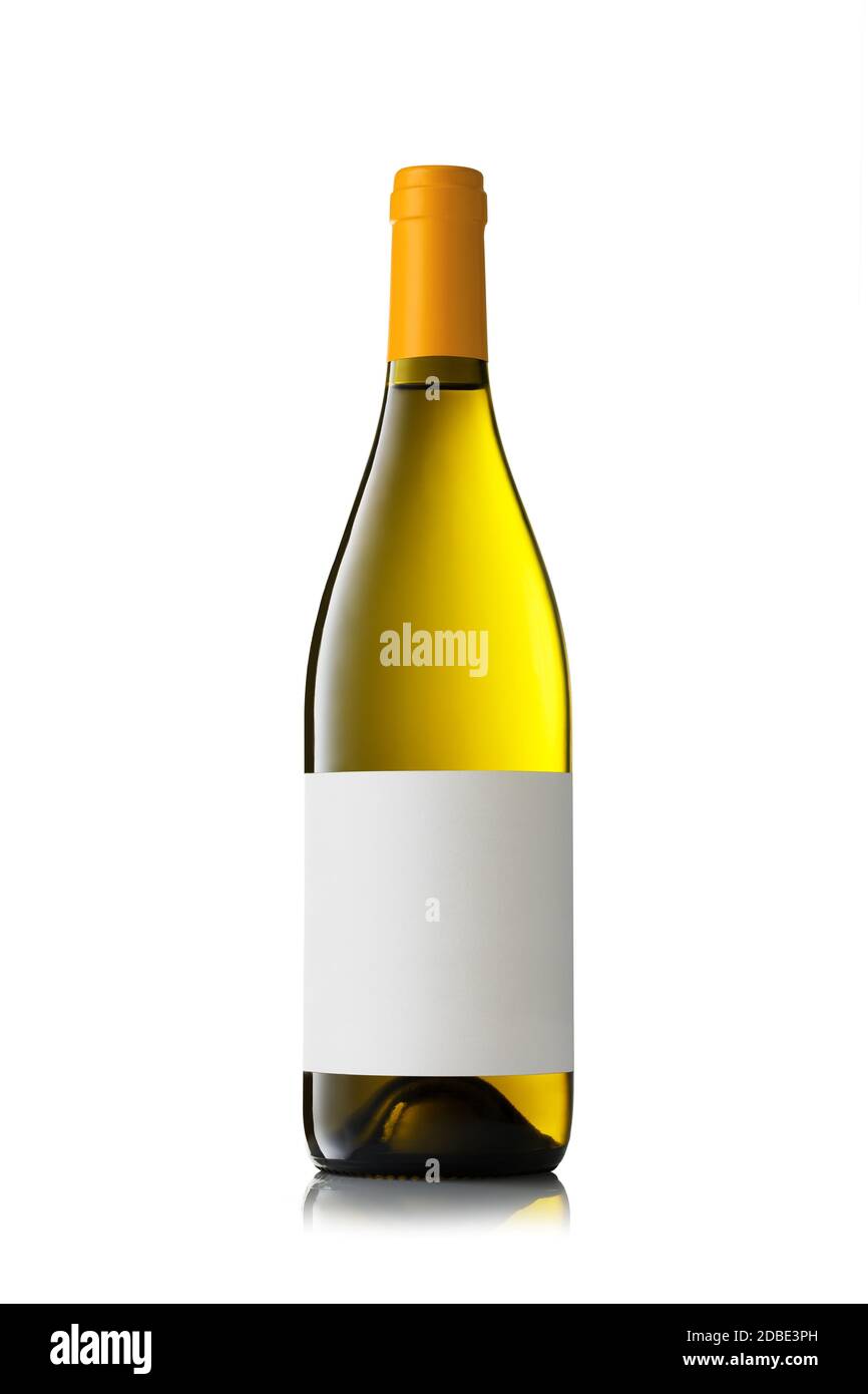 White wine bottle with blank label isolated on white background Stock