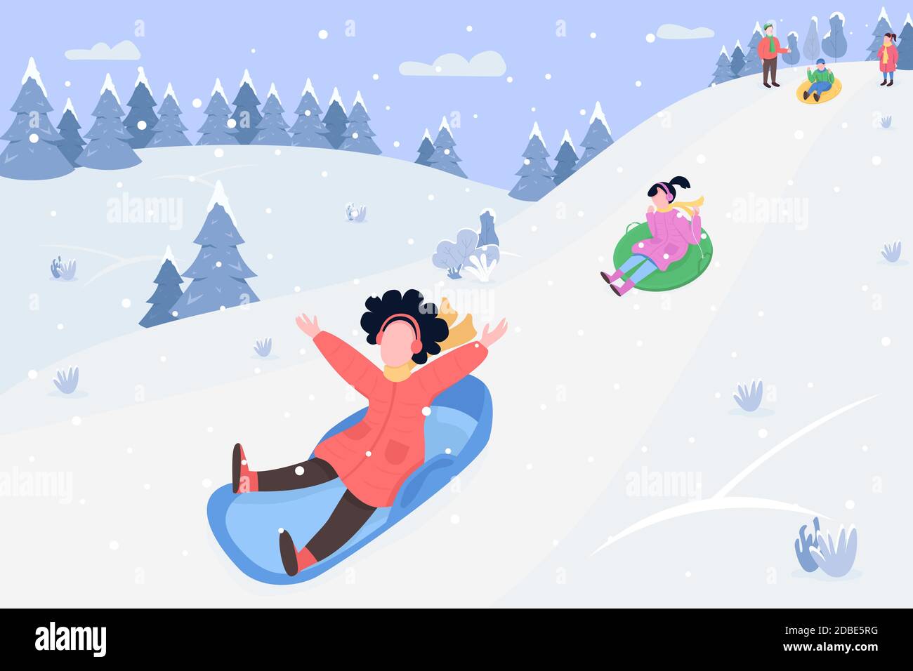 Children on sleds semi flat vector illustration Stock Vector