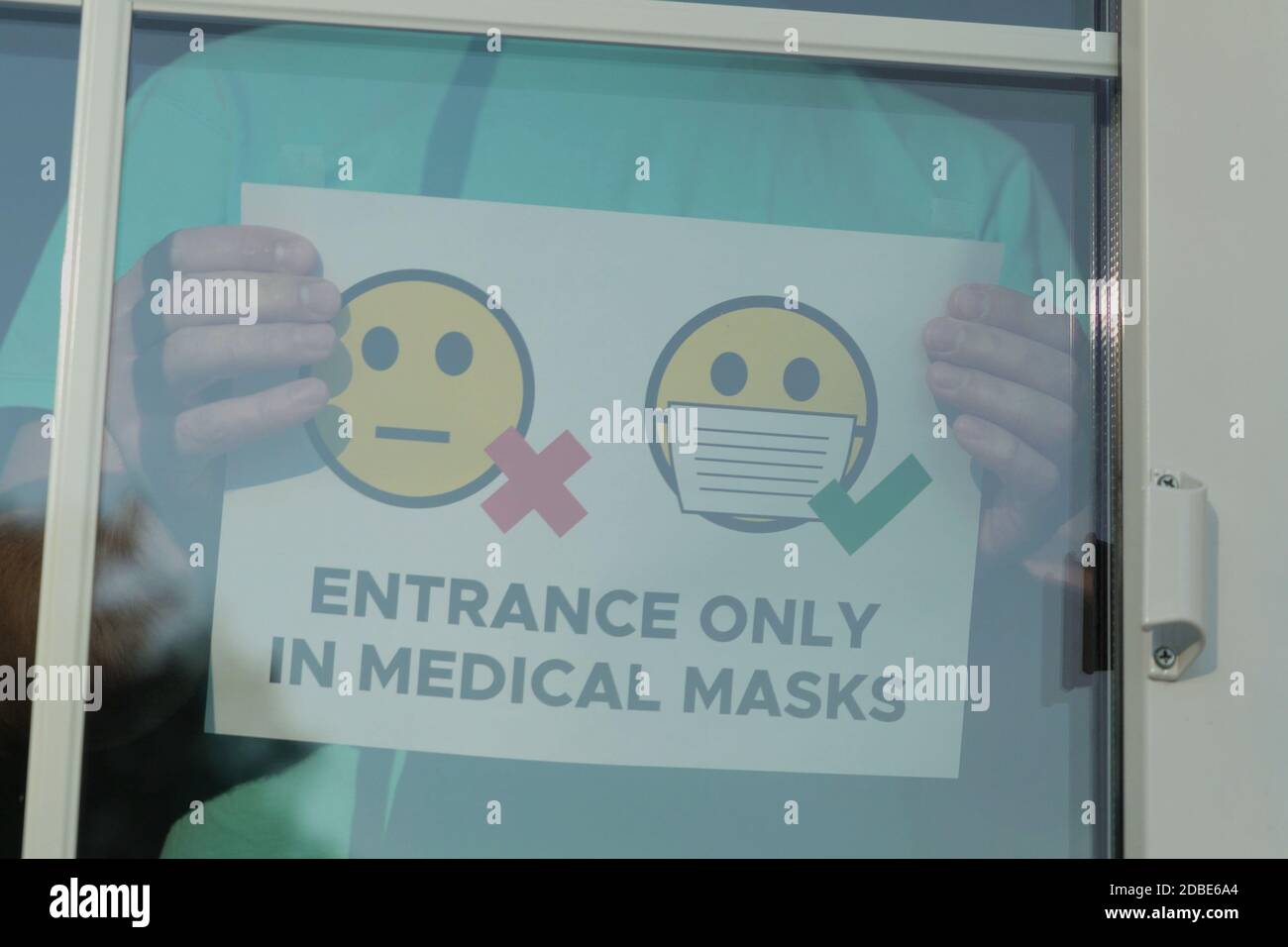 ENTRANCE ONLY IN MEDICAL MASKS, sticker with inscription and ...