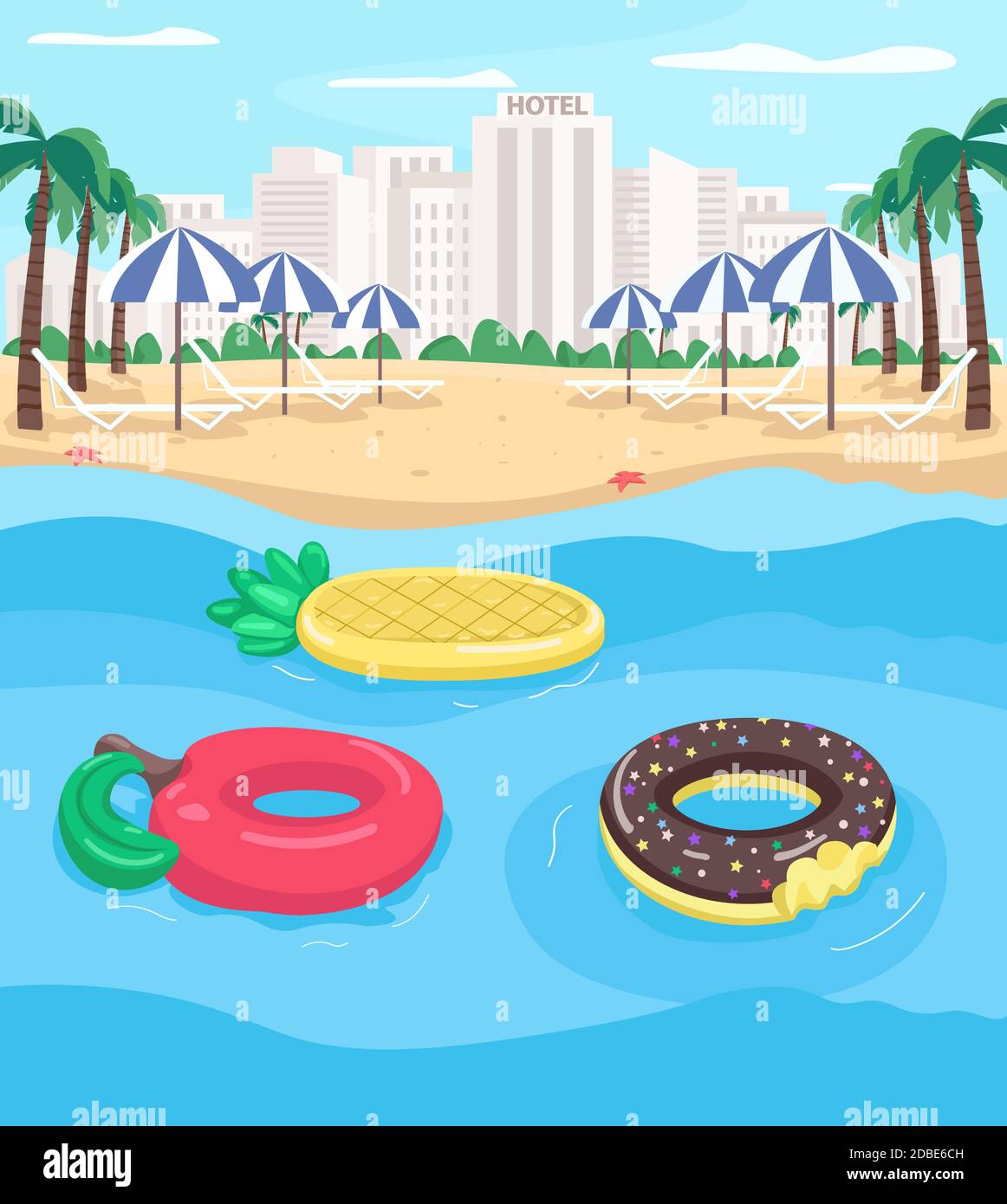 Seaside resort and pool floats flat color vector illustration Stock ...