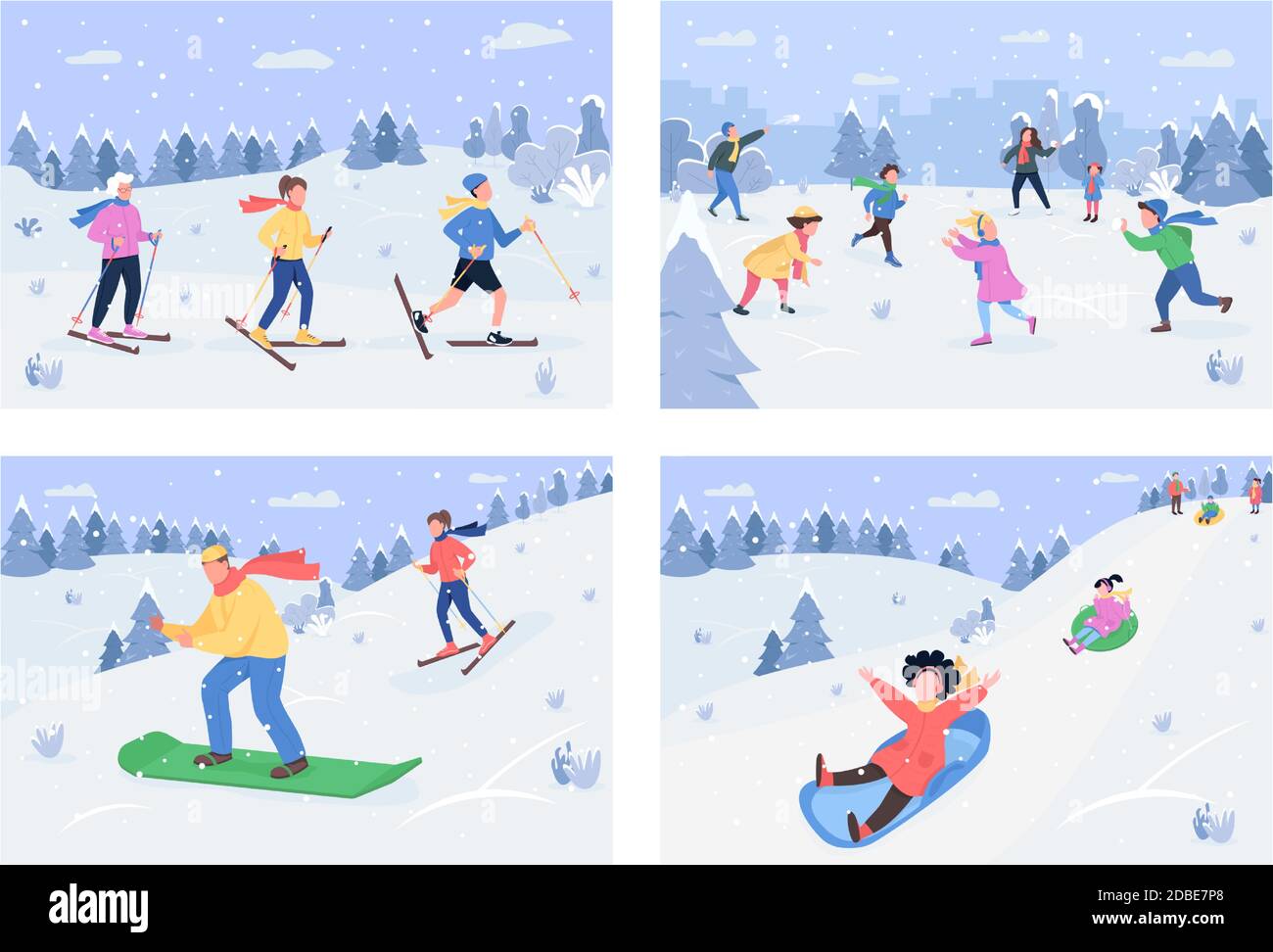 Winter activity semi flat vector illustration set Stock Vector