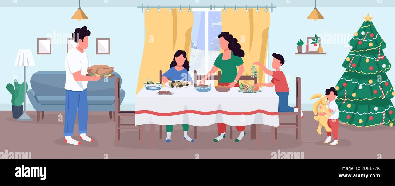 Christmas dinner preparation semi flat vector illustration Stock Vector