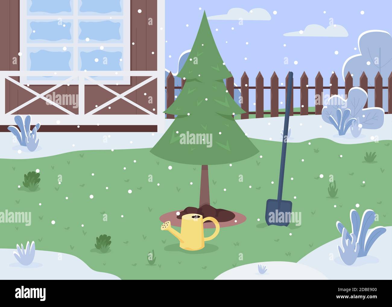 Winter backyard semi flat vector illustration Stock Vector