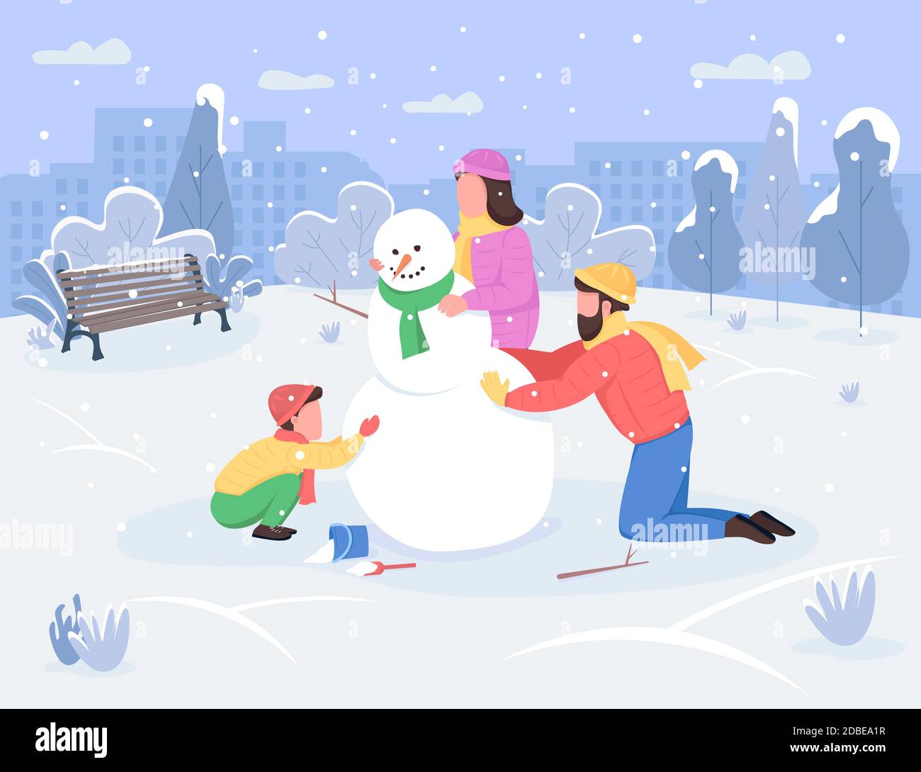 Winter family activity semi flat vector illustration Stock Vector