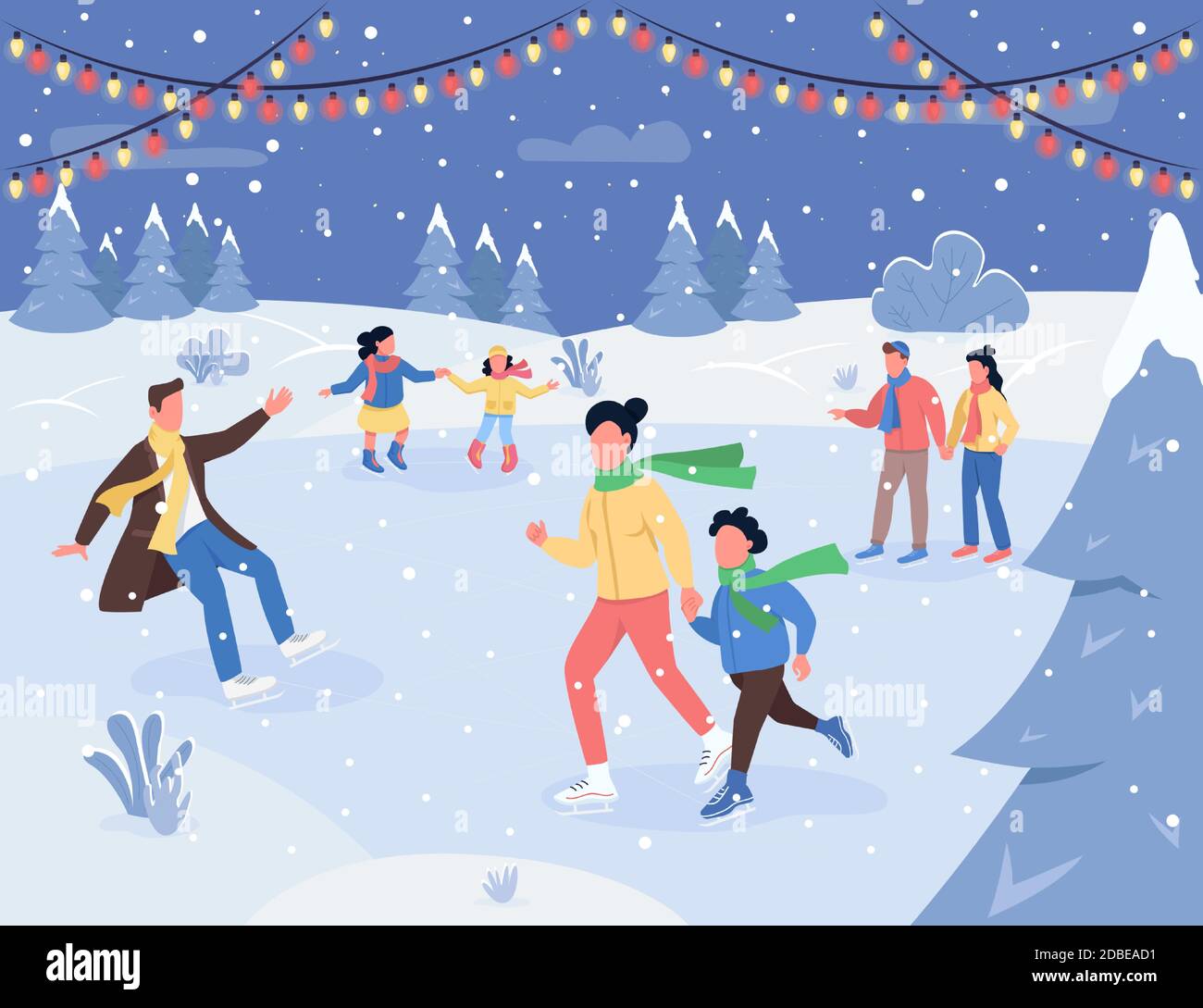 Christmas ice rink semi flat vector illustration Stock Vector