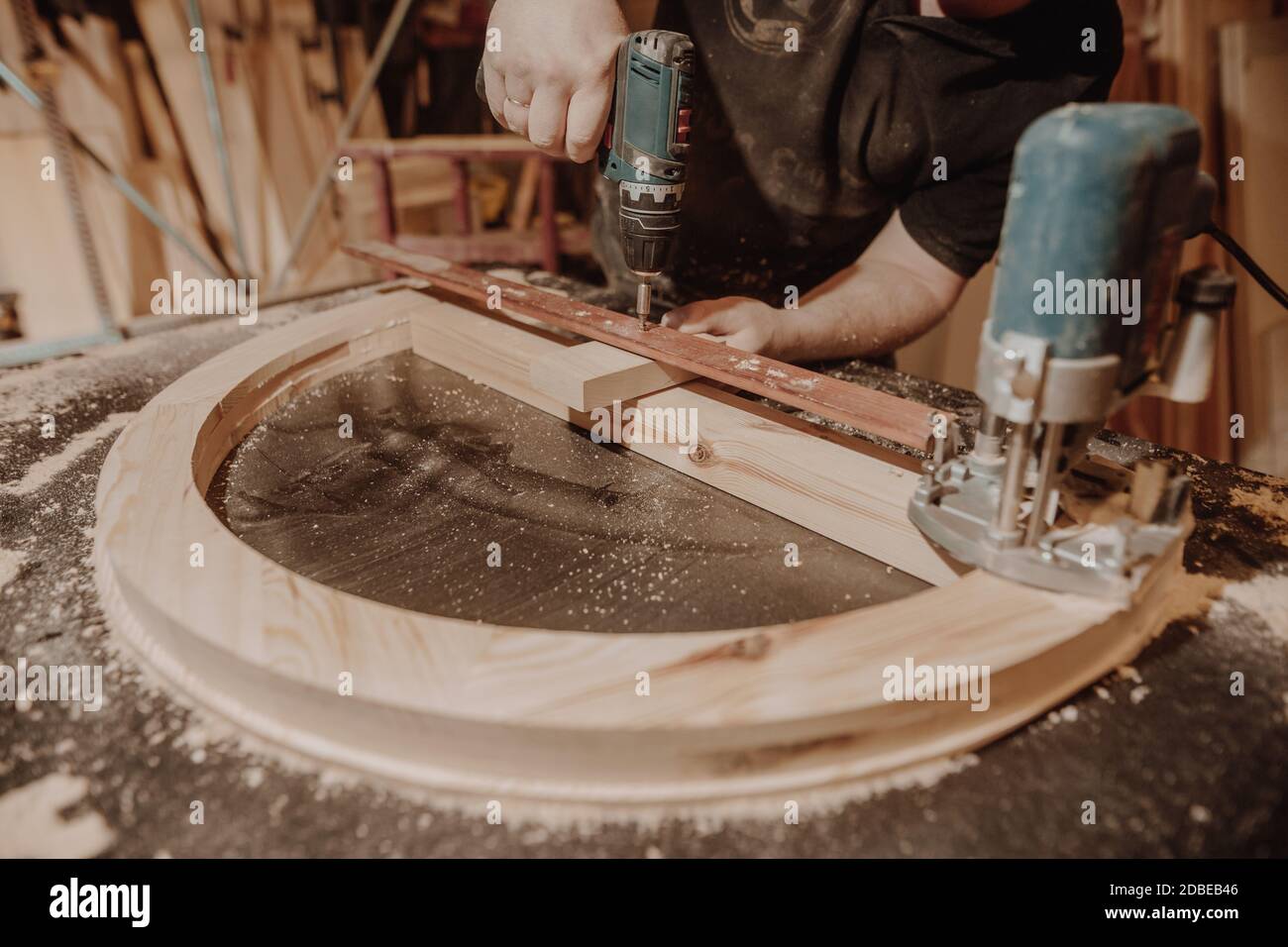 Joinery concept, professional joiner, carpenter making furniture, woodwork, handcraft, manufacture work Stock Photo