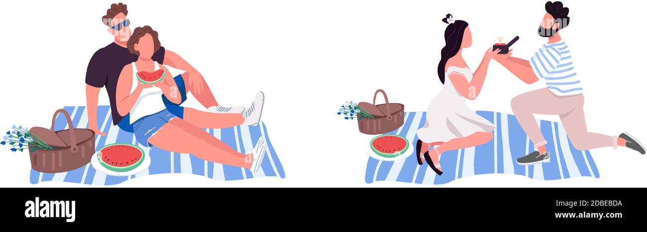 Picnic flat color vector faceless character set Stock Vector