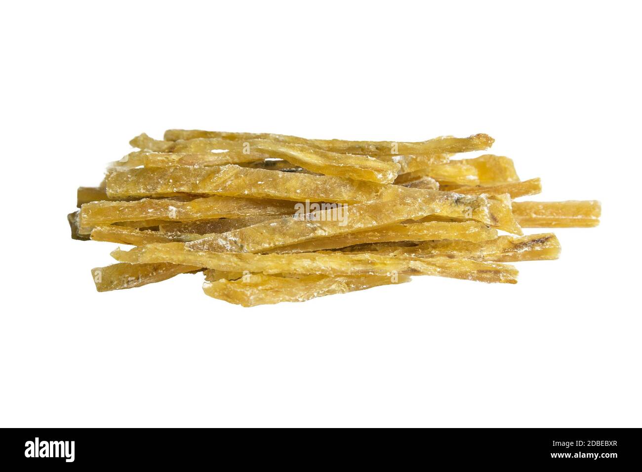 Dried salted tuna meat strips isolated on white background. Snack Fish to beer. Close up. Stock Photo