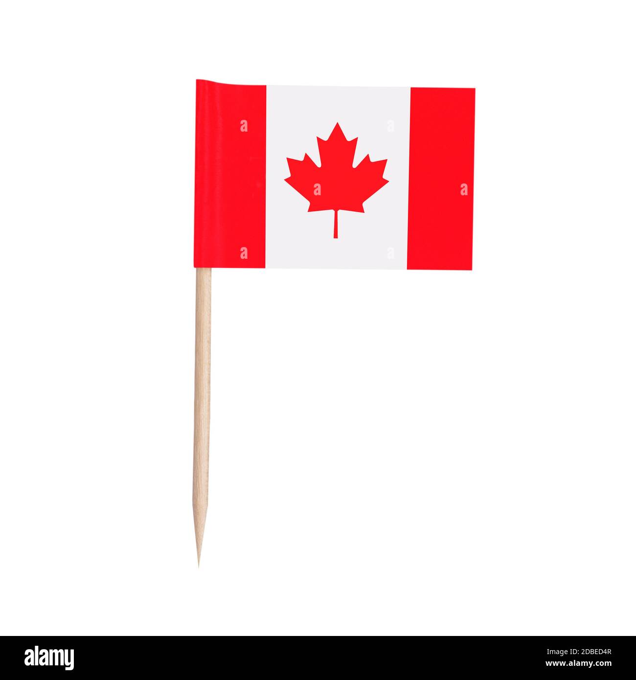 Miniature paper flag Canada. Isolated Canadian toothpick flag pointer on white background. Stock Photo