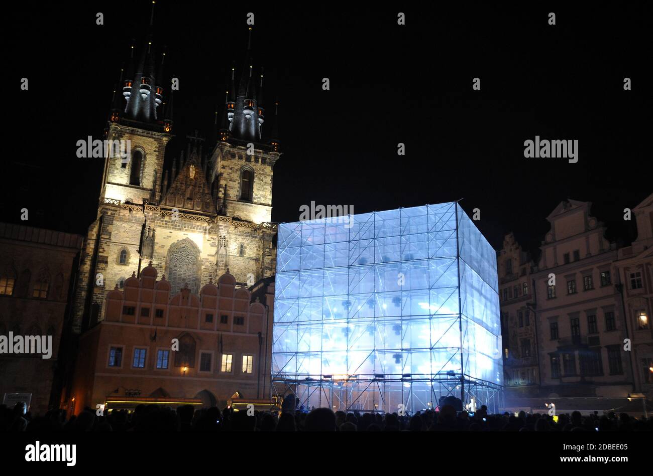 Prague, Czech Republic. 17th Oct, 2013. The first year of the biggest festival of light in the Czech Republic starts on October 17, 2013. HyperCube by the French architects Pierre Schneider and Francoise Wunschel pictured on Old Town Square in Prague. *** Local Caption Credit: Slavek Ruta/ZUMA Wire/Alamy Live News Stock Photo