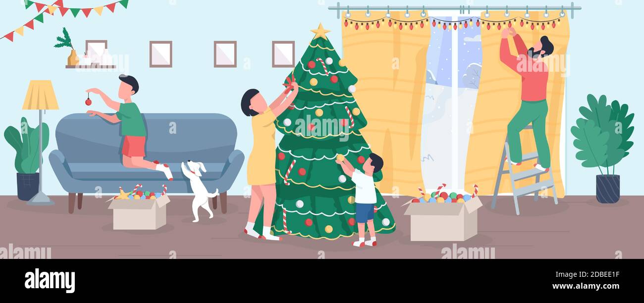 Family decorate Christmas tree semi flat vector illustration Stock ...