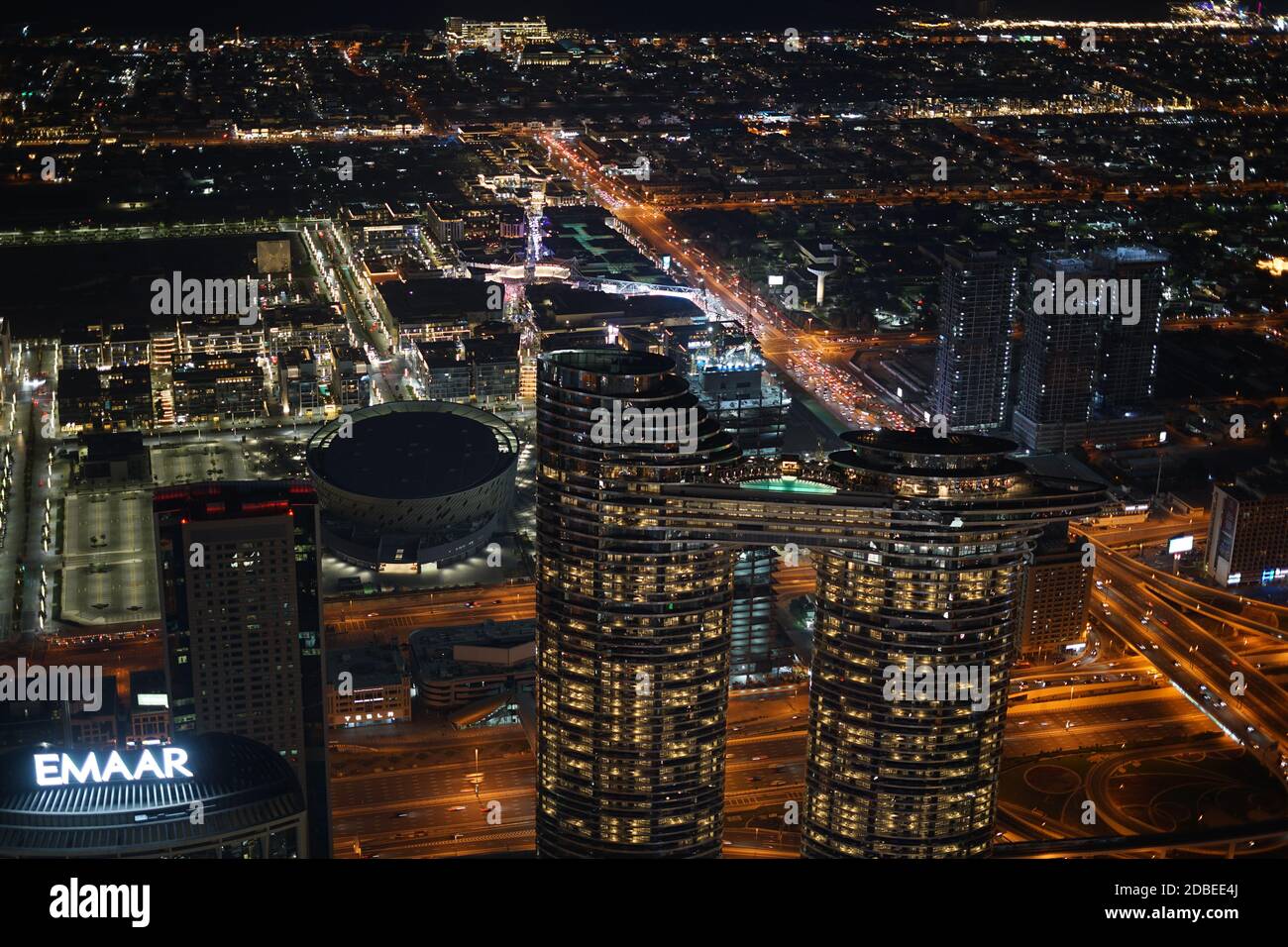 Dubai night view seen from the observation deck of Burj Khalifa. Shooting Location: Dubai Stock Photo