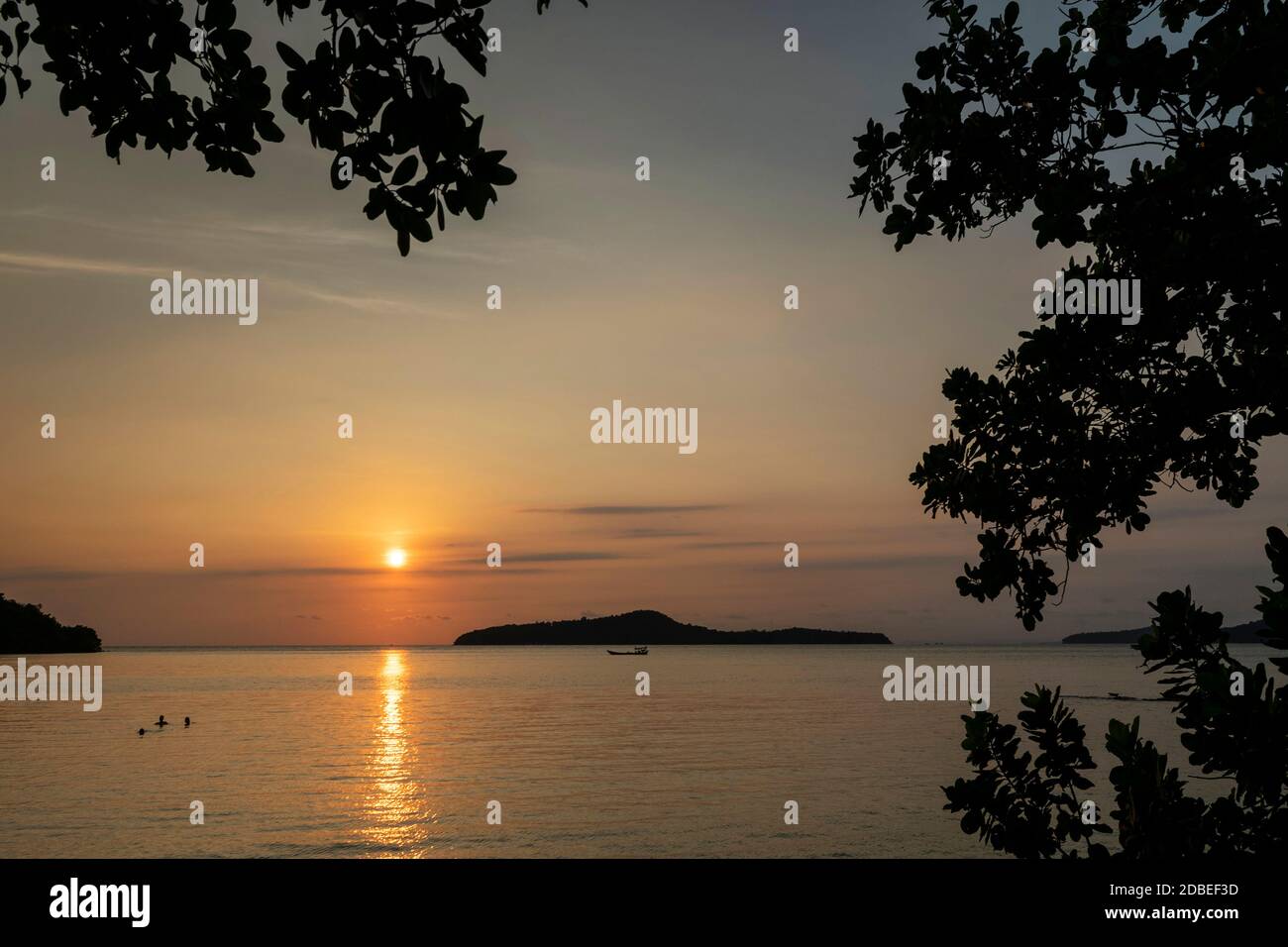 view from rustic wood sun deck on Koh Ta Kiev island near Sihanoukville  in Cambodia at sunset Stock Photo