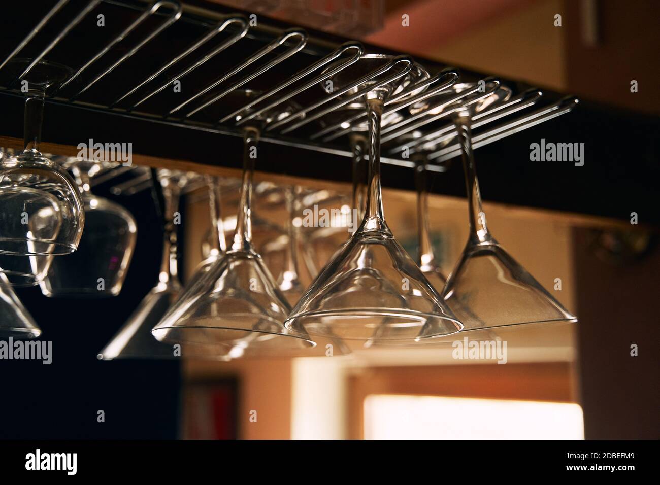 Empty transparent wine glasses in cafe. Close up Stock Photo