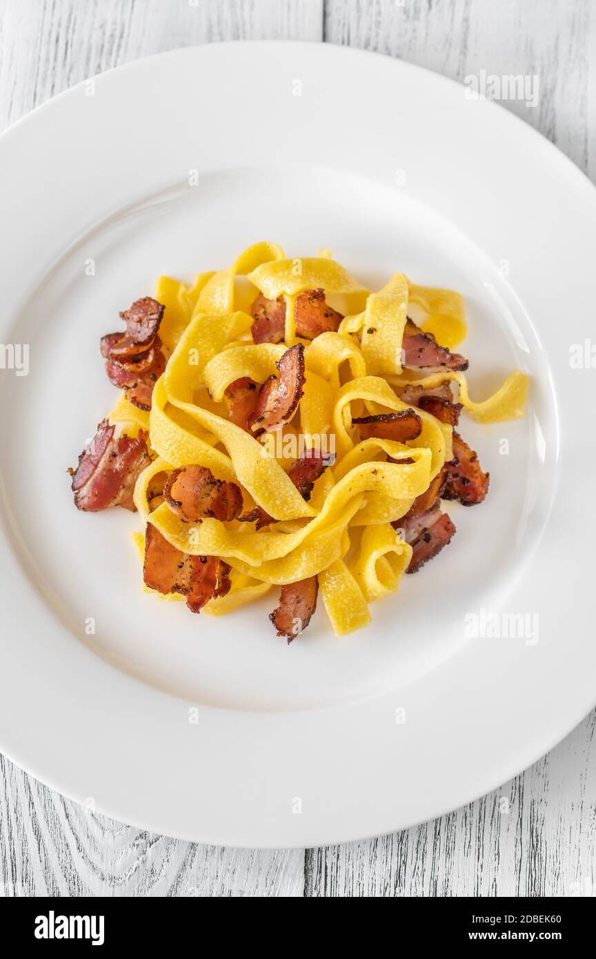 Pappardelle pasta with pancetta. Variation of Carbonara pasta Stock ...