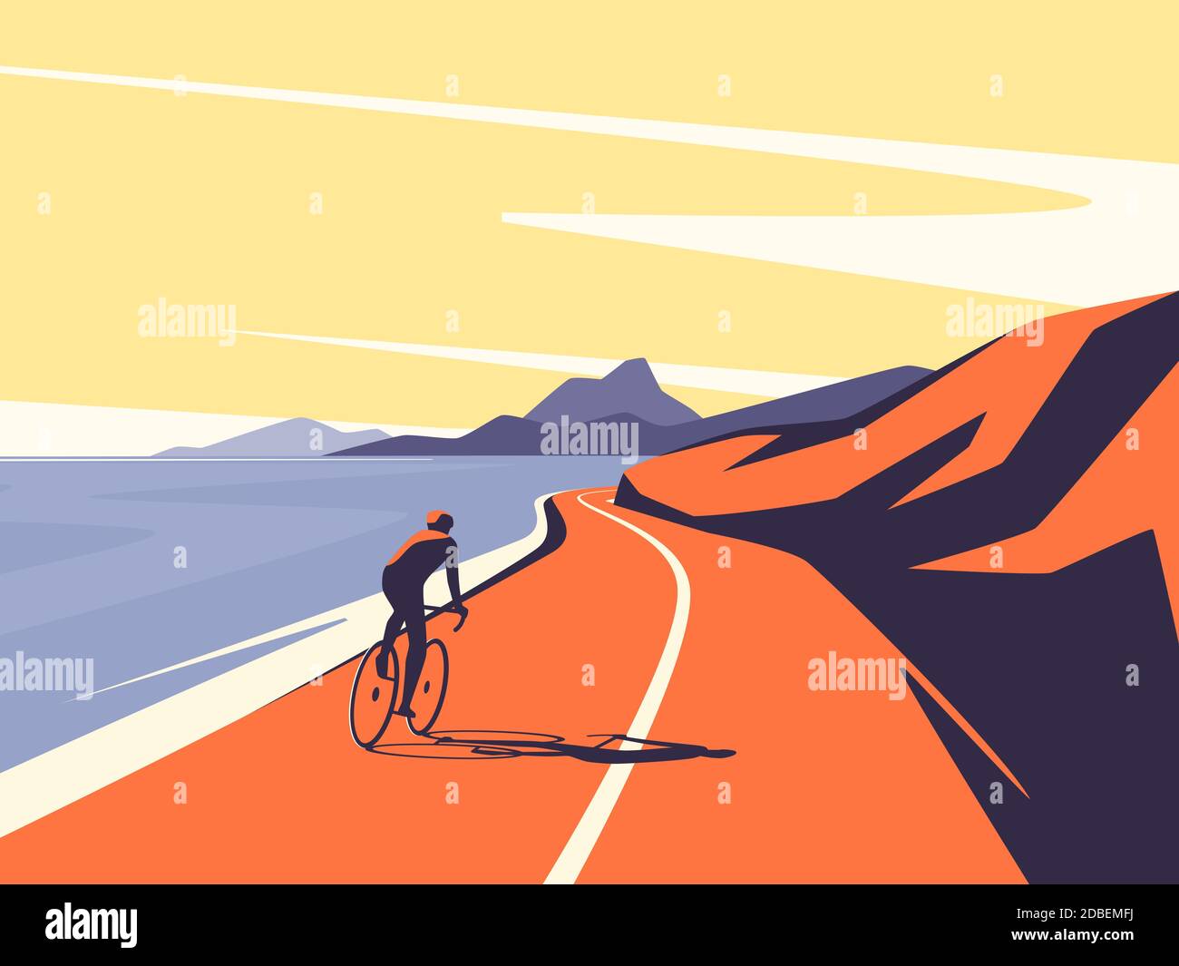 Vector illustration of a cyclist riding along the ocean mountain road Stock Vector