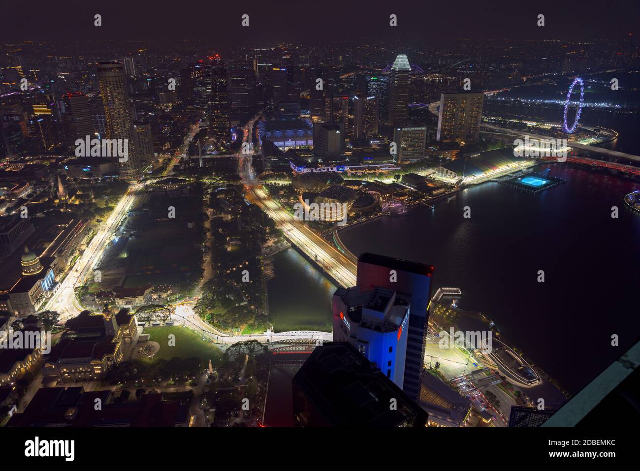 Singapore - 6 Sep 2019: Aerial view of Singapore Formula One Street circuit around Marina Bay and the Central Business District, illuminated at night Stock Photo
