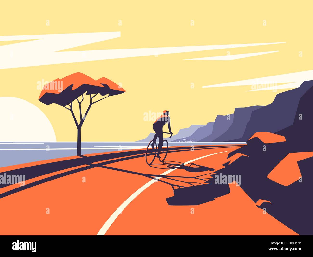 Vector illustration of a cyclist riding along the ocean mountain road Stock Vector