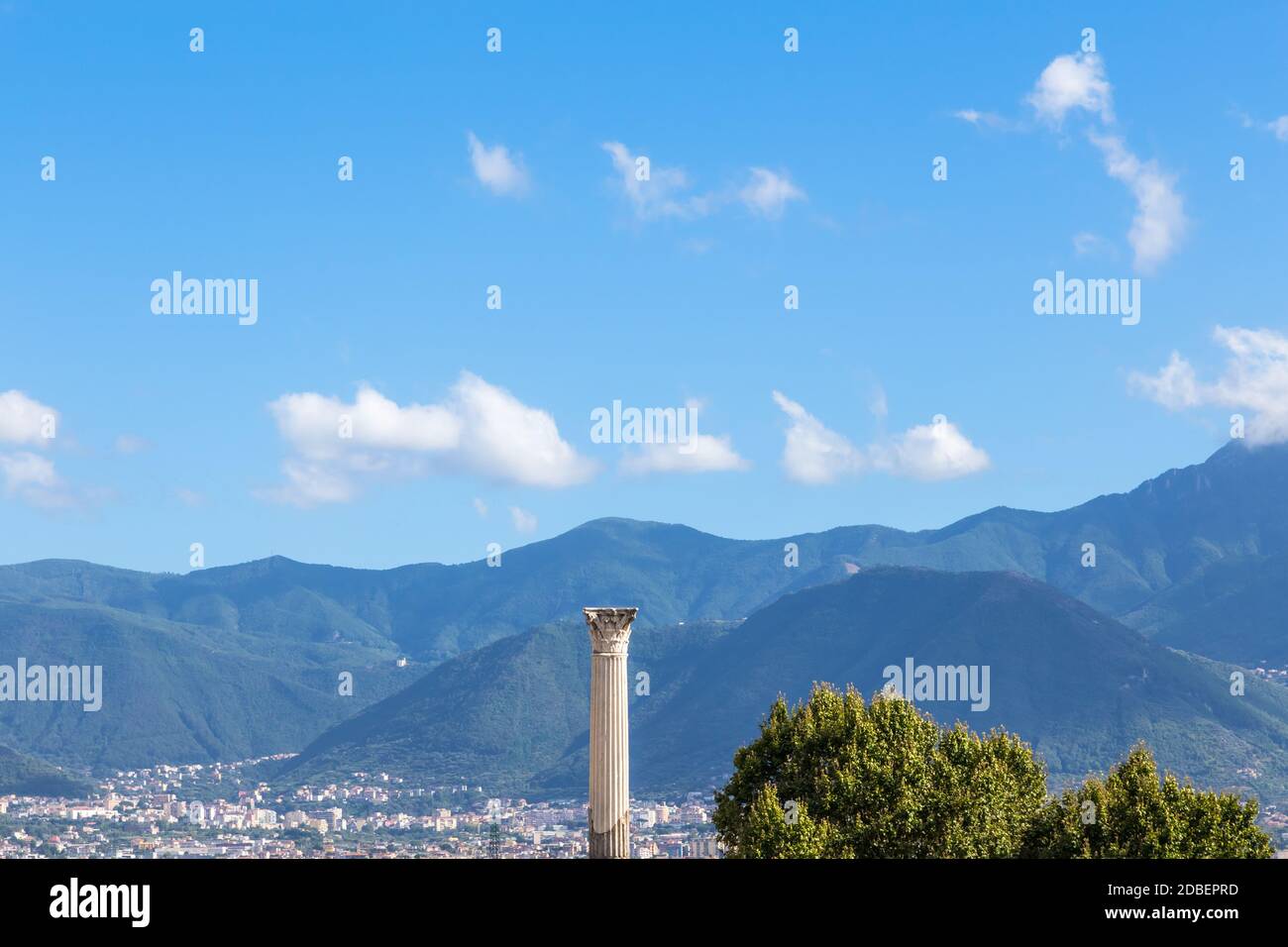 Pompeii in Italy, ruins of the antique Temple of Apollo with bronze Apollo statue, Naples. Stock Photo