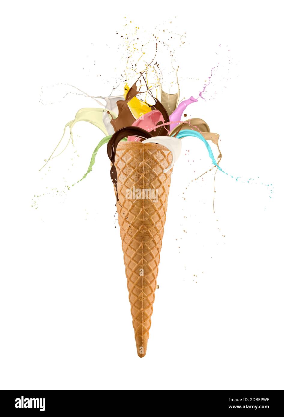 colorful waves splashing from ice cream cone, isolated on white